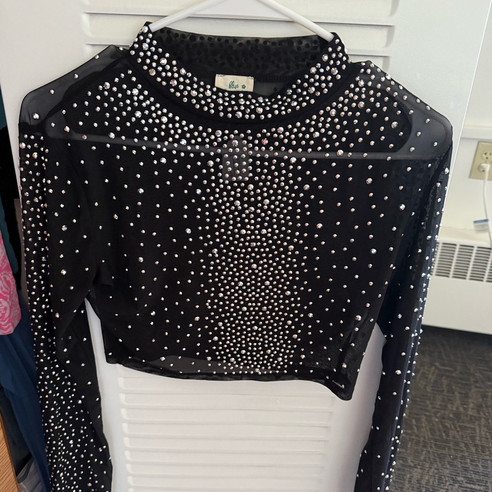 Black Sheer Crop Top with Gems and Long Sleeves